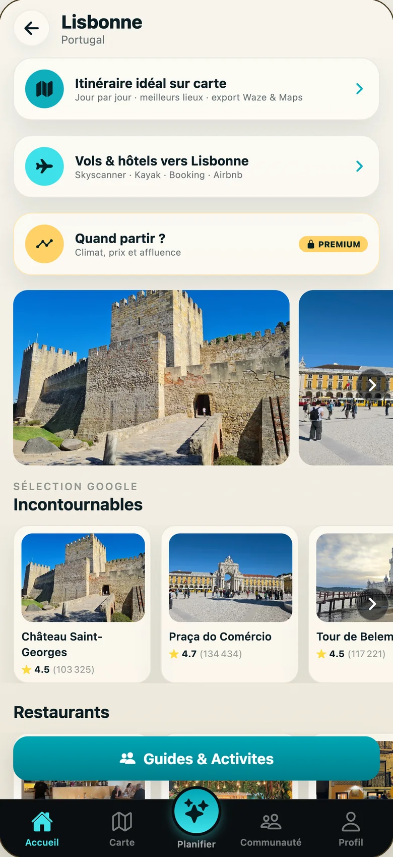 Écran de l'app : page de Lisbonne avec l'itinéraire idéal, les vols et hôtels et les incontournables